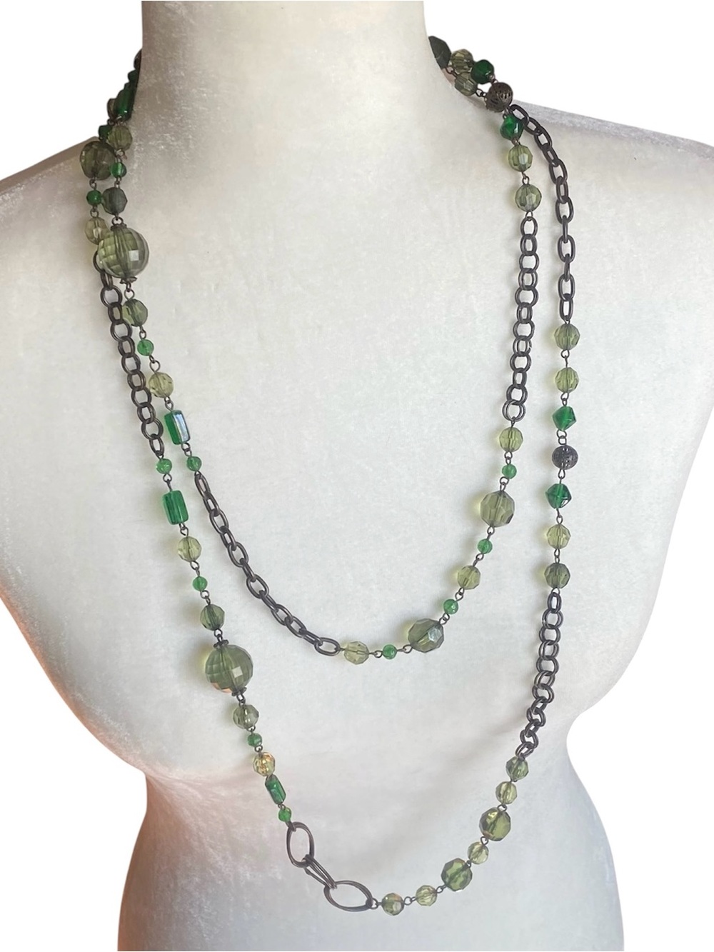 Vintage Bead & Chain Long Chunky Necklace Green